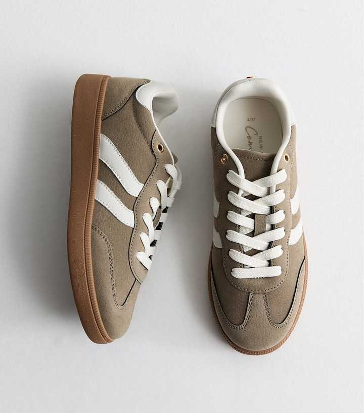 Dark Khaki Faux Suede and Leather Panel Gum Sole Trainers