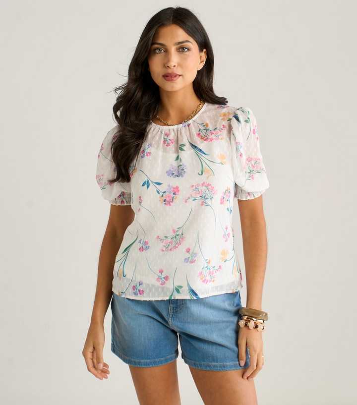 Gini London White Chiffon Floral Print Shirred Blouse