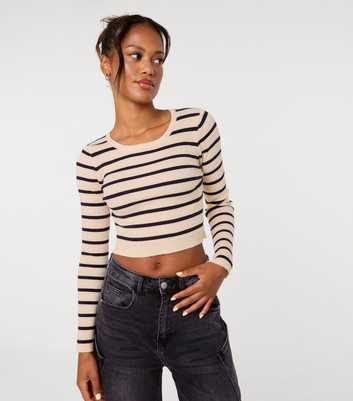Pink Vanilla Stone Striped Ribbed Long Sleeve Cropped Jumper