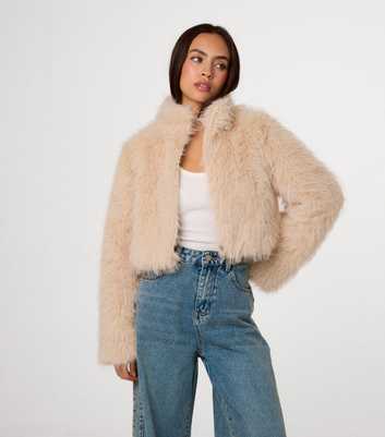 Pink Vanilla Oatmeal Cropped Faux Fur Jacket