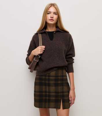 Brown Brushed Check Front Split Mini Skirt