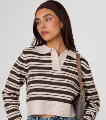 Pink Vanilla Dark Brown Horizontal Stripe Polo Collar Jumper