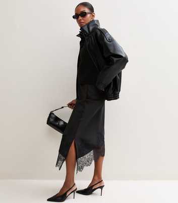 Black Satin Asymmetric Lace Hem Midi Skirt