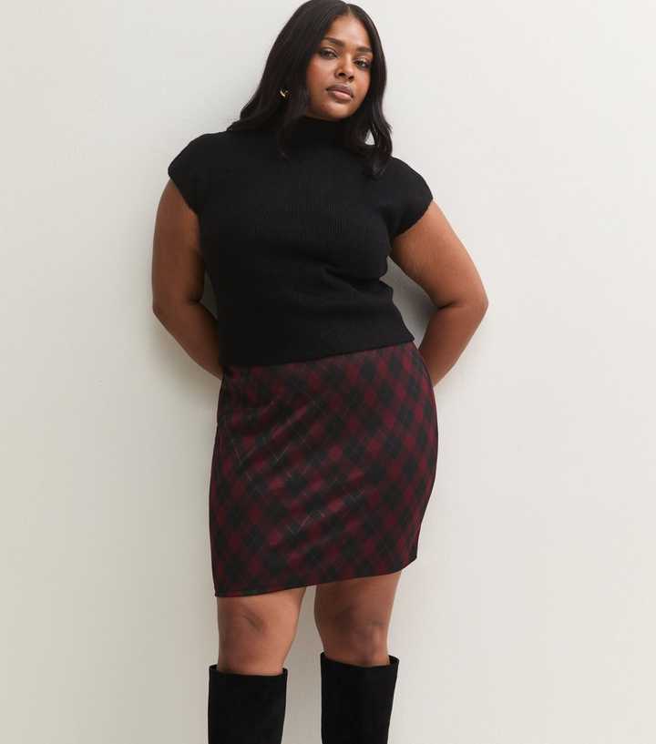 Curves Red Check Jacquard Tube Mini Skirt