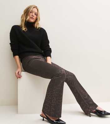 Brown Leopard Jacquard Flared Leg Trousers