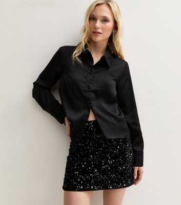 Petite Black Sequin Embellished Mini Skirt