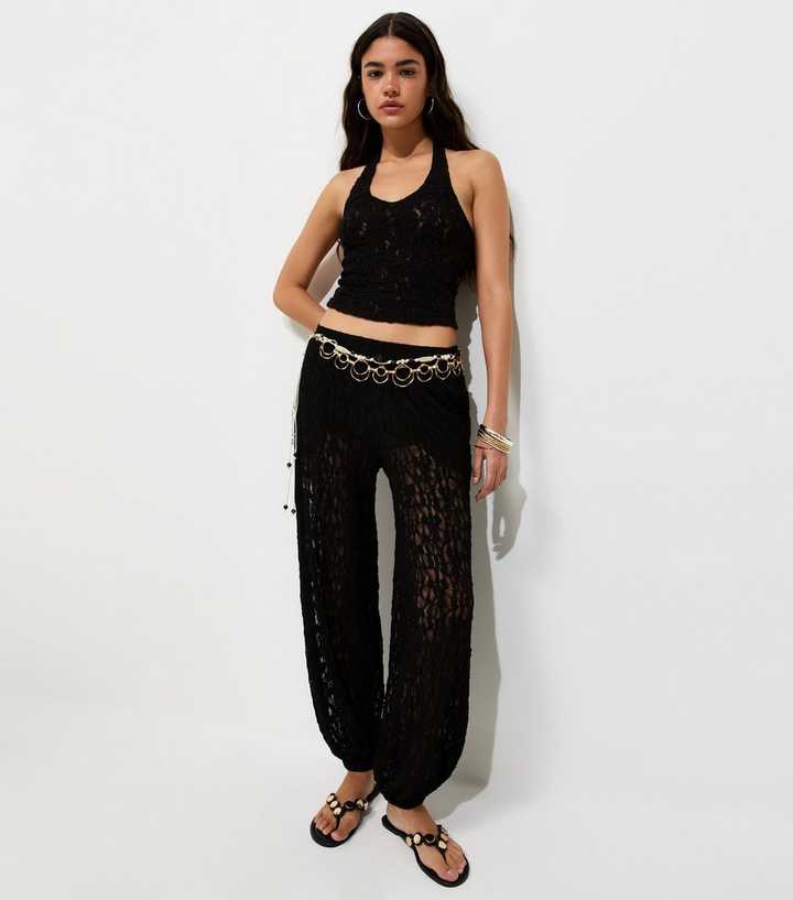 Black Sheer Lace Wide Cuffed Trousers