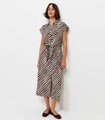 Brown Striped Tie Short Sleeve Midi Shirt Dress
