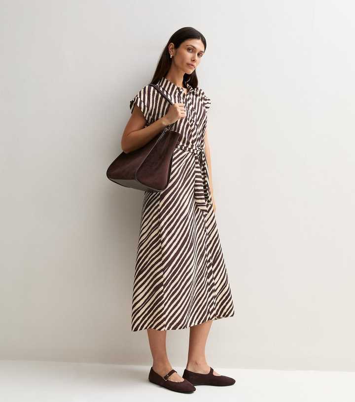 Brown Striped Tie Short Sleeve Midi Shirt Dress