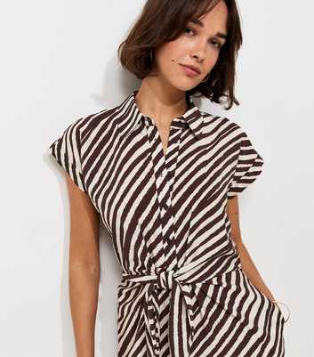 Brown Striped Tie Short Sleeve Midi Shirt Dress