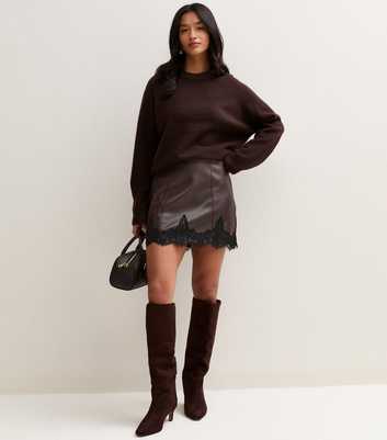 Petite Dark Brown Faux Leather Scallop Lace Hem Mini Skirt