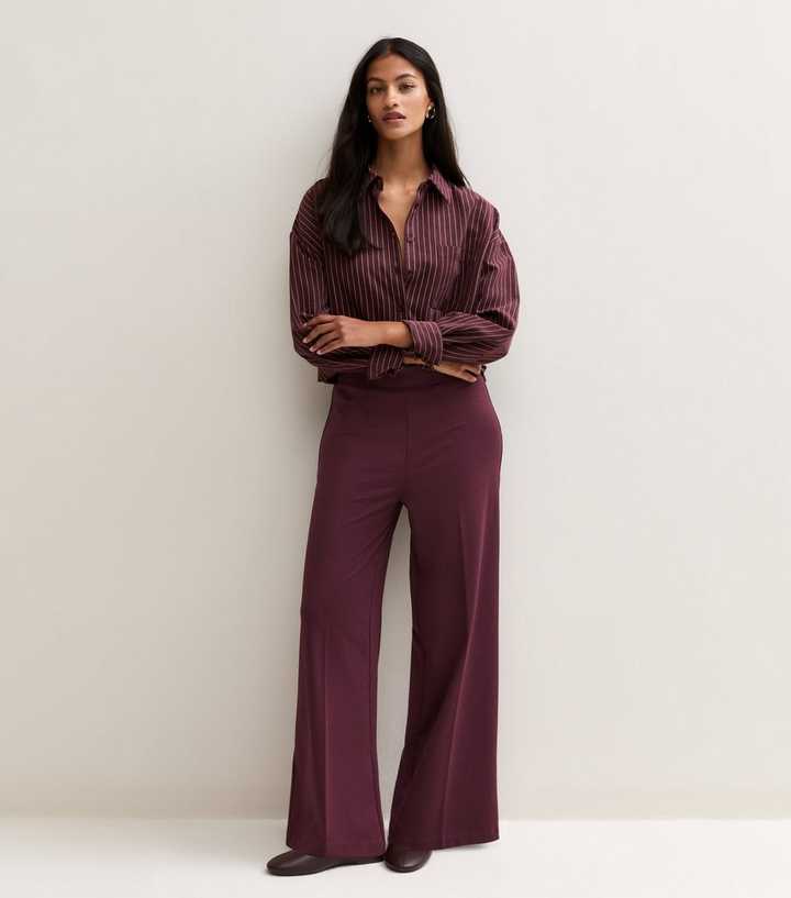 Petite Dark Burgundy Jersey Wide Leg Trousers
