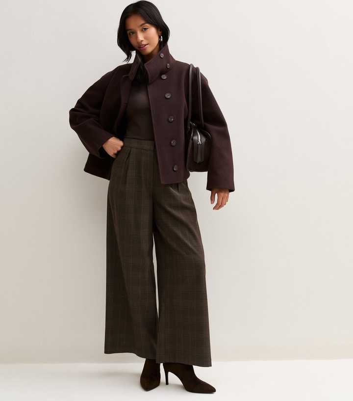 Petite Brown Checked Pleated Wide Leg Trousers