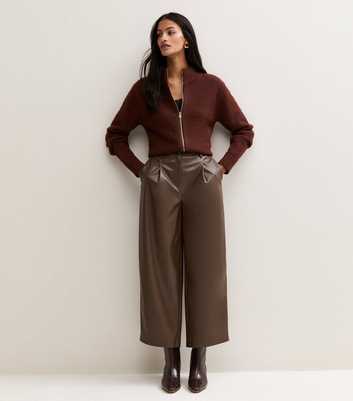 Petite Brown Faux Leather Barrel Leg Trousers