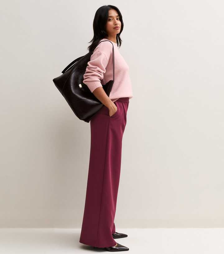 Petite Dark Burgundy Inverted Pleat Wide Leg Trousers