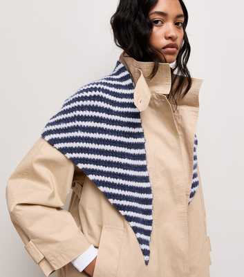 Navy Eyelash Stripe Knitted Triangle Shawl Scarf