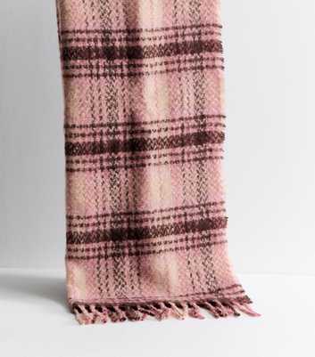 Pink Check Pattern Knitted Fringed Scarf