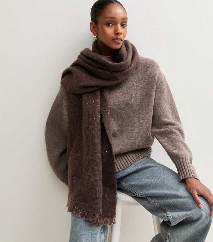 Dark Brown Sequin Embellished Knitted Scarf