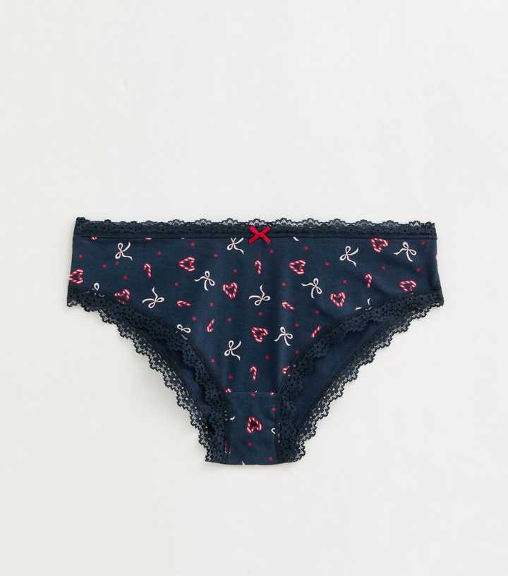 Girls Navy Candy Cane Printed Lace Trim Briefs