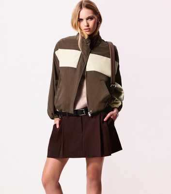 Brown Colour Block Bubbles Hem Zip Windbreaker Jacket