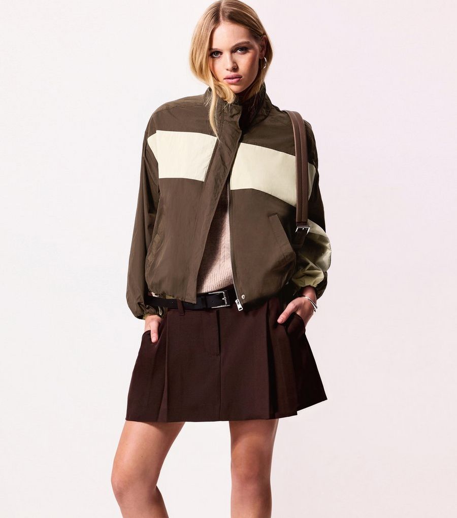 Brown Colour Block Bubbles Hem Zip Windbreaker Jacket