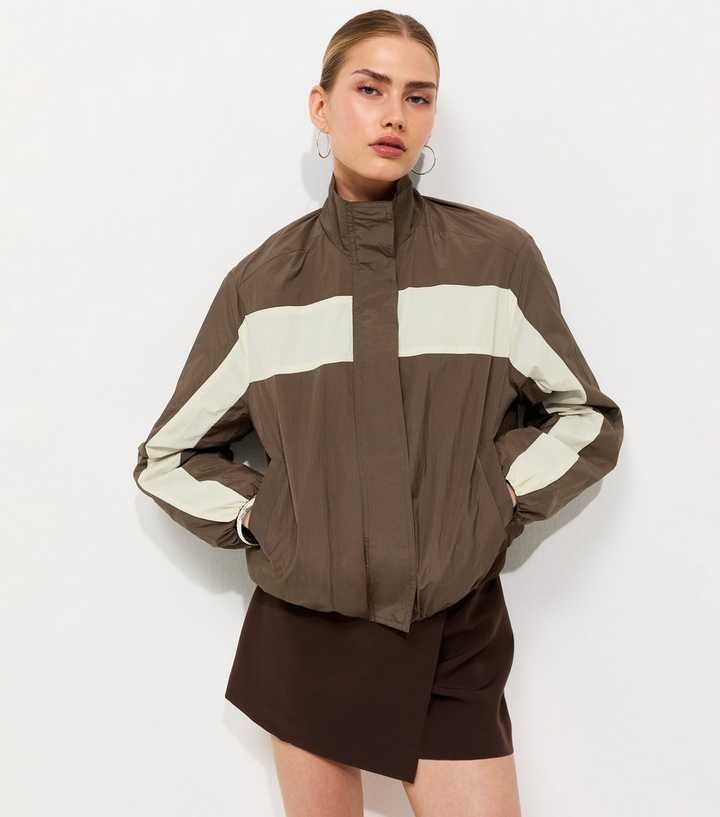 Brown Colour Block Bubbles Hem Zip Through Jacket