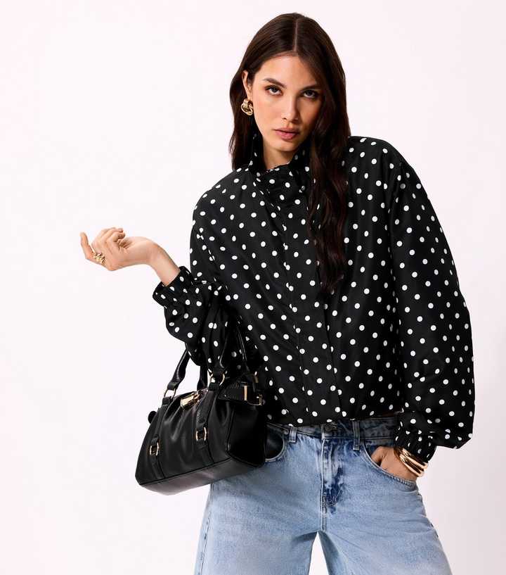 Black Polka Dot Bubble Hem Zip Windbreaker Jacket