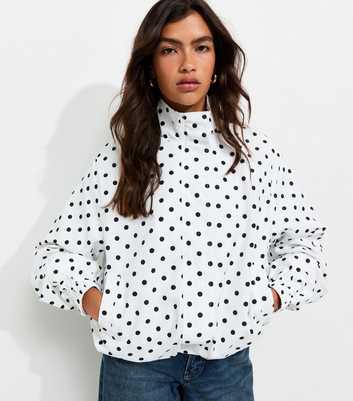 White Polka Dot Bubble Hem Zip Through Jacket
