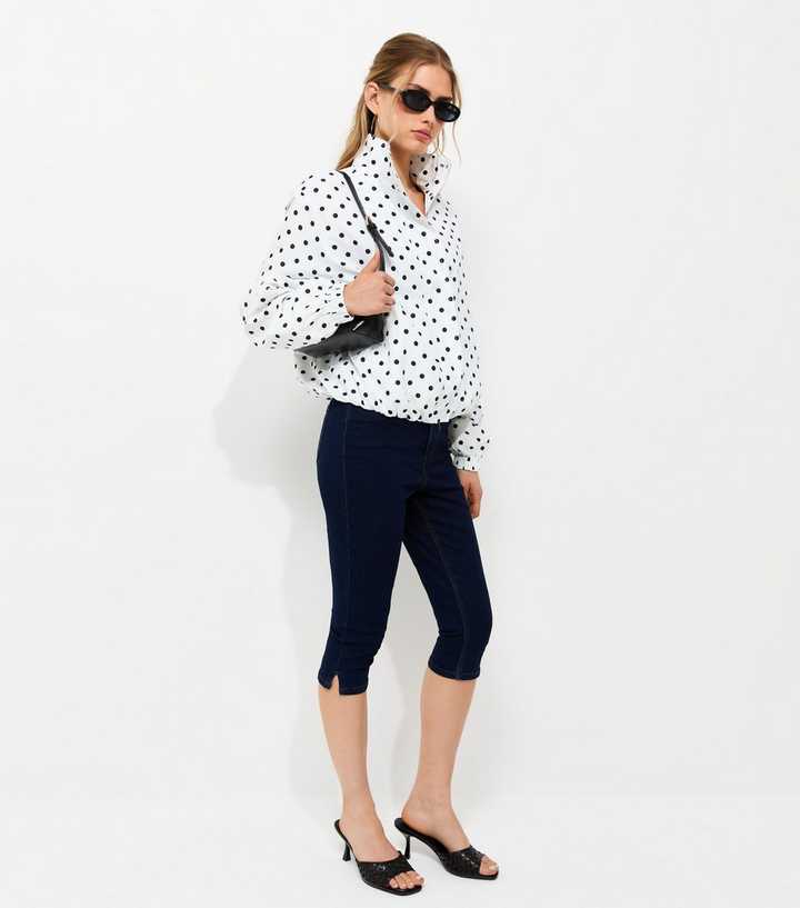 White Polka Dot Bubble Hem Zip Lightweight Jacket