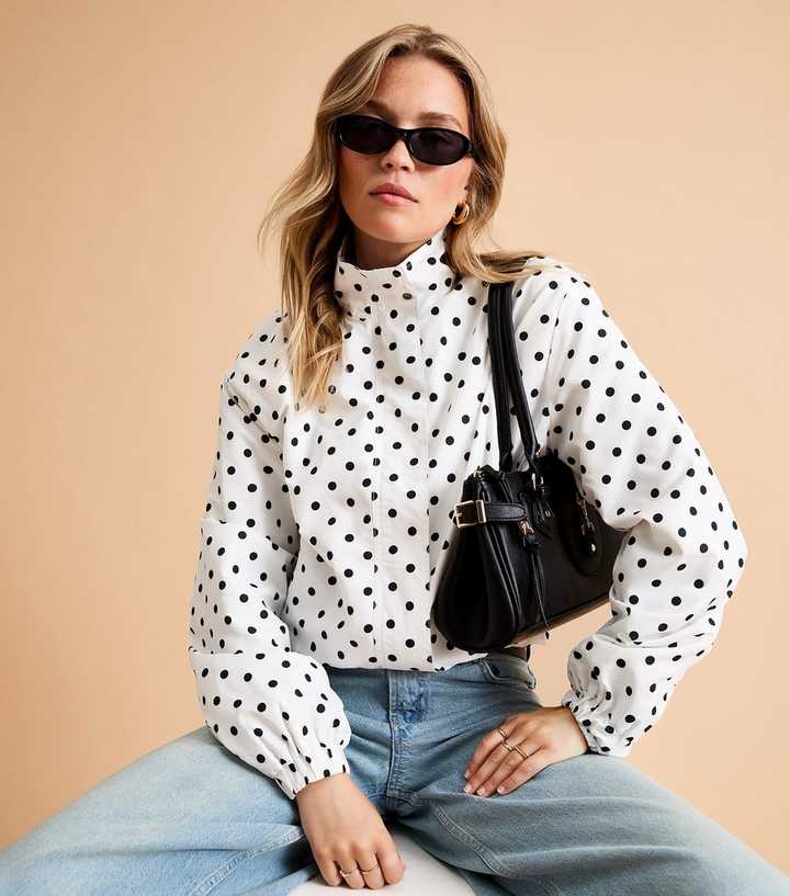 White Polka Dot Bubble Hem Zip Windbreaker Jacket
