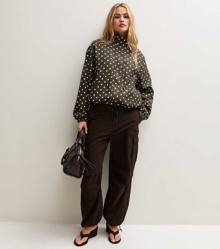 Brown Polka Dot Bubble Hem Zip Windbreaker Jacket