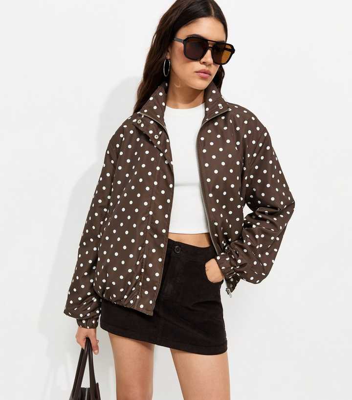 Brown Polka Dot Bubble Hem Zip Windbreaker Jacket