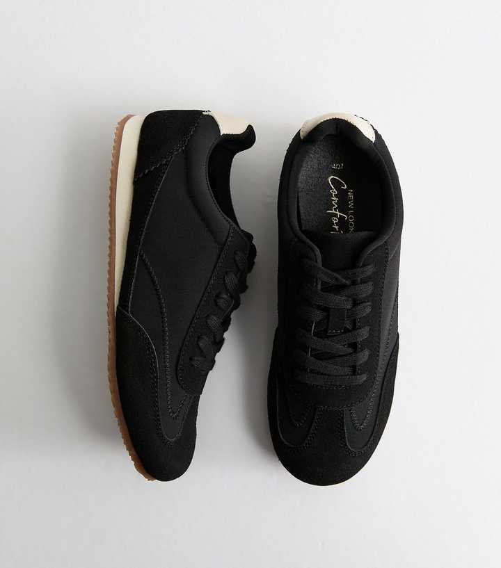 Black Faux Brushed Leather Panelled Jogger Trainers
