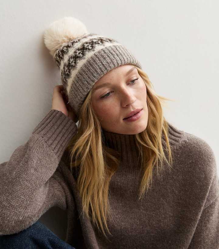 Brown Fair Isle Knit Faux Fur Pom Pom Hat