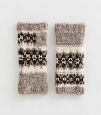 Brown Brushed Knit Fairisle Hand Warmer Gloves