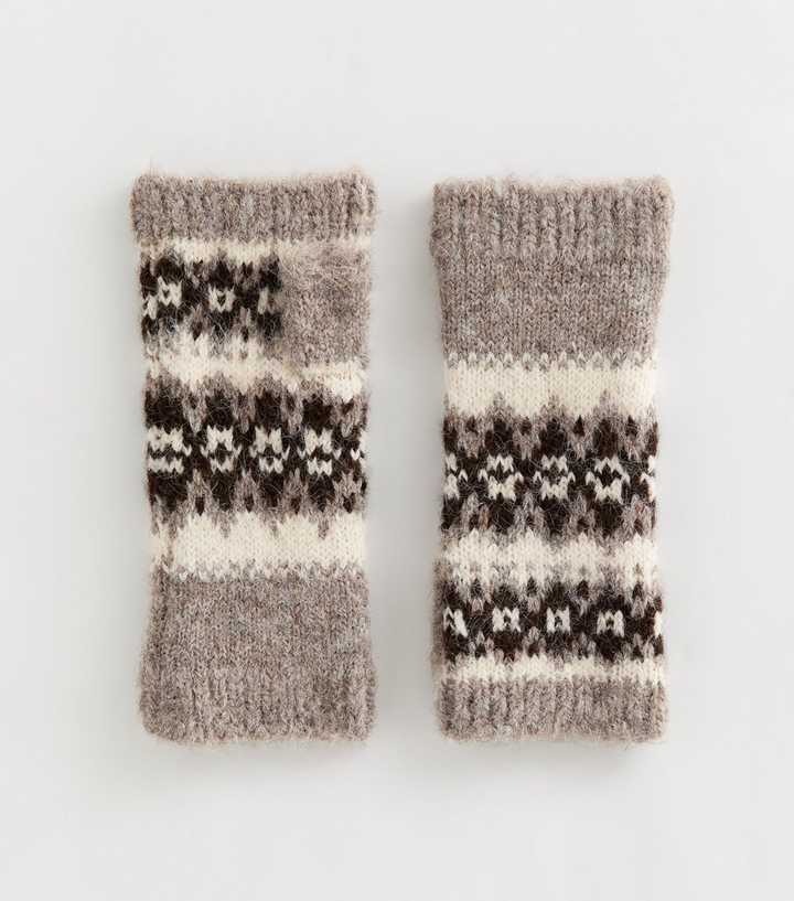 Brown Brushed Knit Fairisle Hand Warmer Gloves