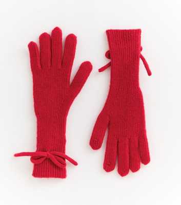 Bright Red Bow Embellished Long Knitted Gloves