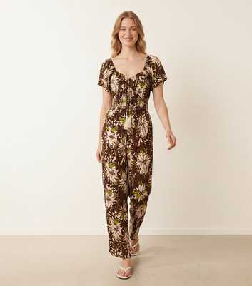 Blue Vanilla Dark Brown Shirred Waist Wide Leg Jumpsuit