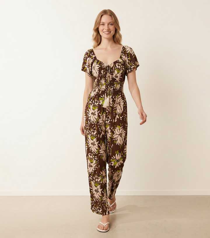 Blue Vanilla Dark Brown Shirred Waist Wide Leg Jumpsuit