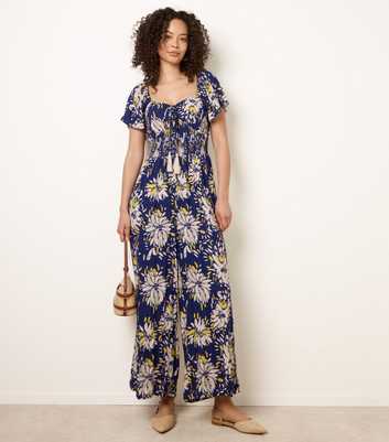 Blue Vanilla Yellow Shirred Waist Wide Leg Jumpsuit