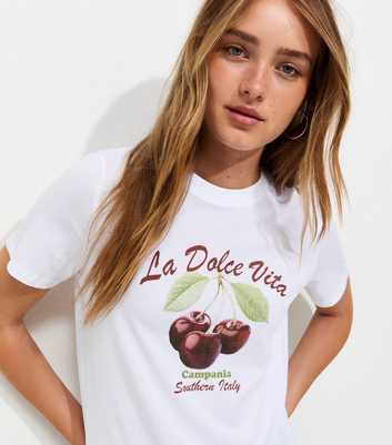White Cotton Cherry Print Crew Neck T-Shirt