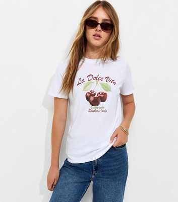 White Cotton Cherry Print Crew Neck T-Shirt