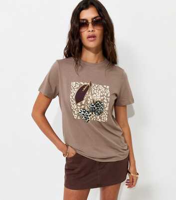 Light Brown Cotton Foil Cherry Relaxed T-Shirt