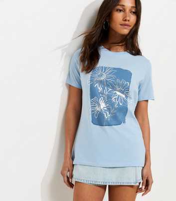 Light Blue Cotton Foil Flower Print T-Shirt
