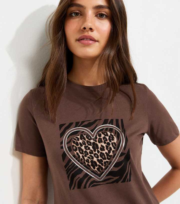 Dark Brown Cotton Foil Heart Relaxed T-Shirt