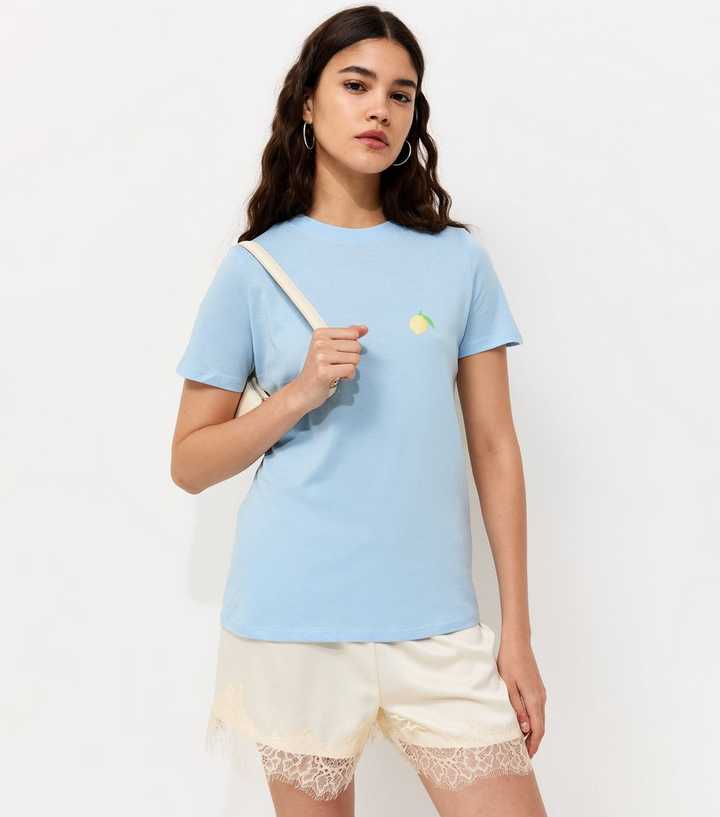 Light Blue Cotton Lemon Print Relaxed Fit T-Shirt