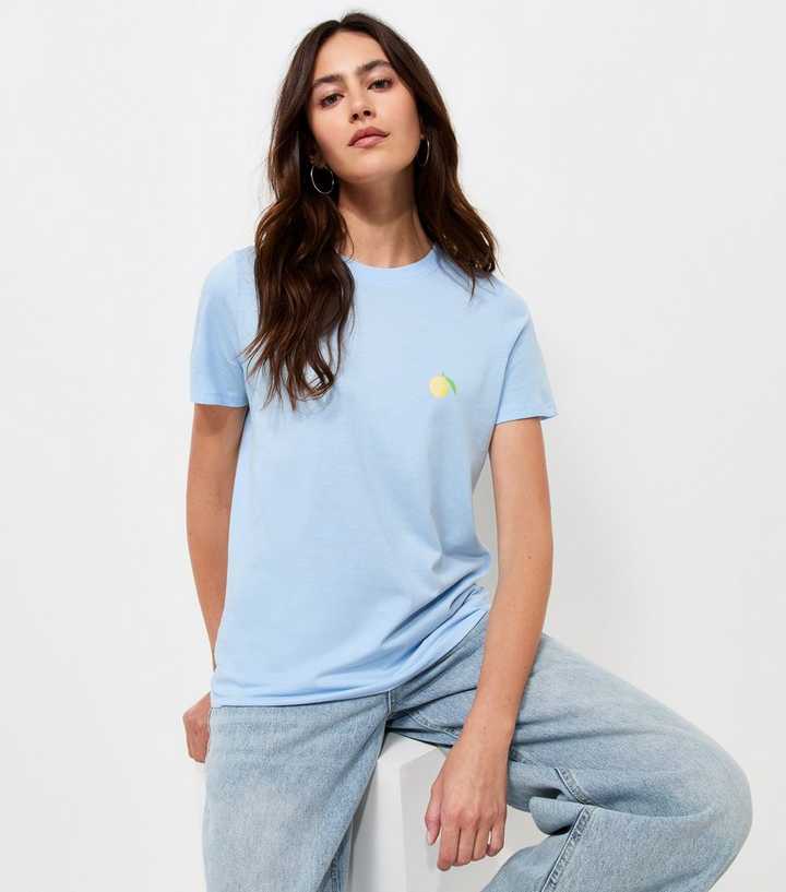 Light Blue Cotton Lemon Print Relaxed Fit T-Shirt