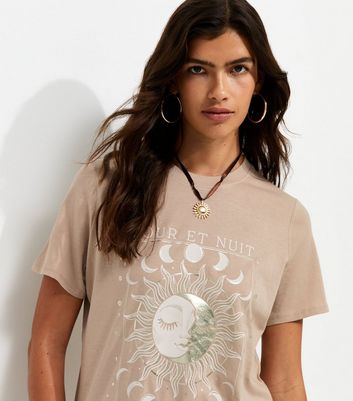 Mink Cotton Sun and Moon Print Relaxed T-Shirt | New Look