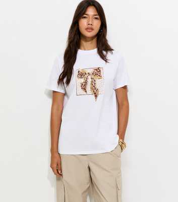 White Cotton Leopard Print Bow Relaxed T-Shirt