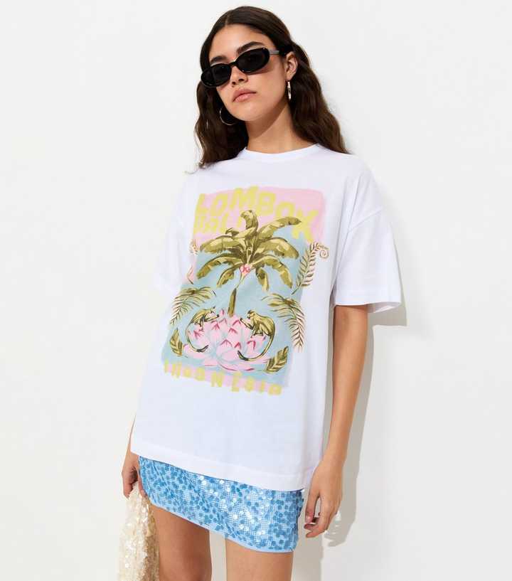 White Cotton Palm Tree Print Oversized T-Shirt